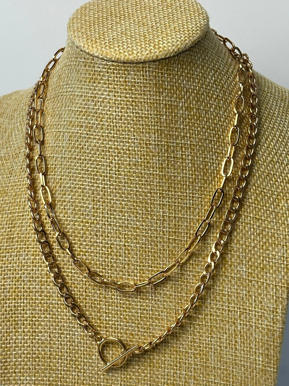 Gold Layered Double Chain Necklace 14K Gold Plated Paperclip Toggle Non Tarnish